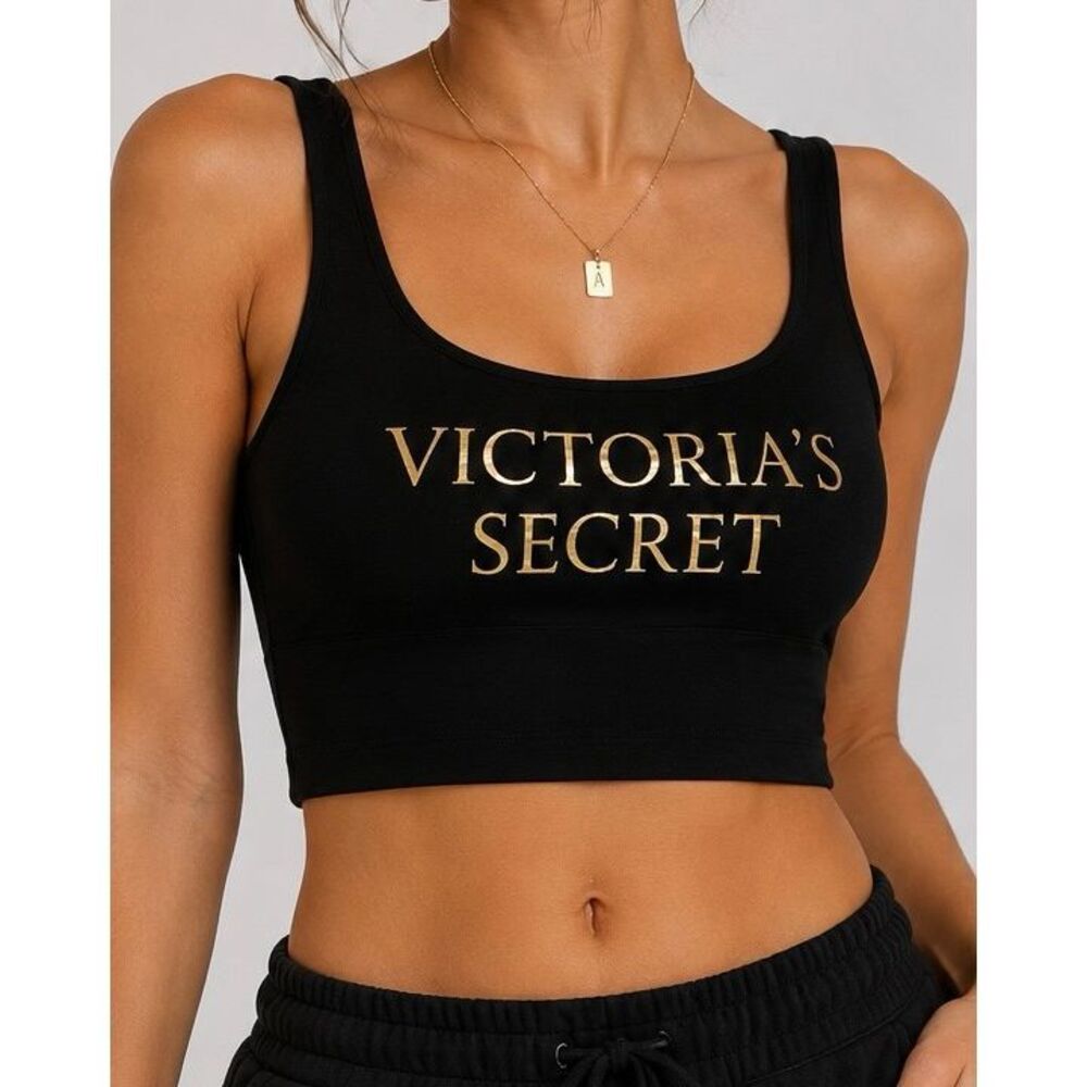 Victoria’s Secret Black Gold Logo Bralette Crop Top Size M Lounge Y2K